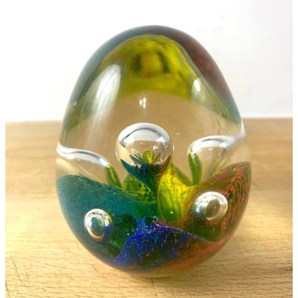 Handcrafted Art Glass Egg Paperweight With Vibrant Swirls & Bubbles - Picture 1 of 7